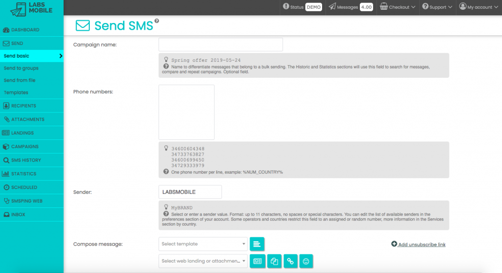 how to send sms via mobile internet