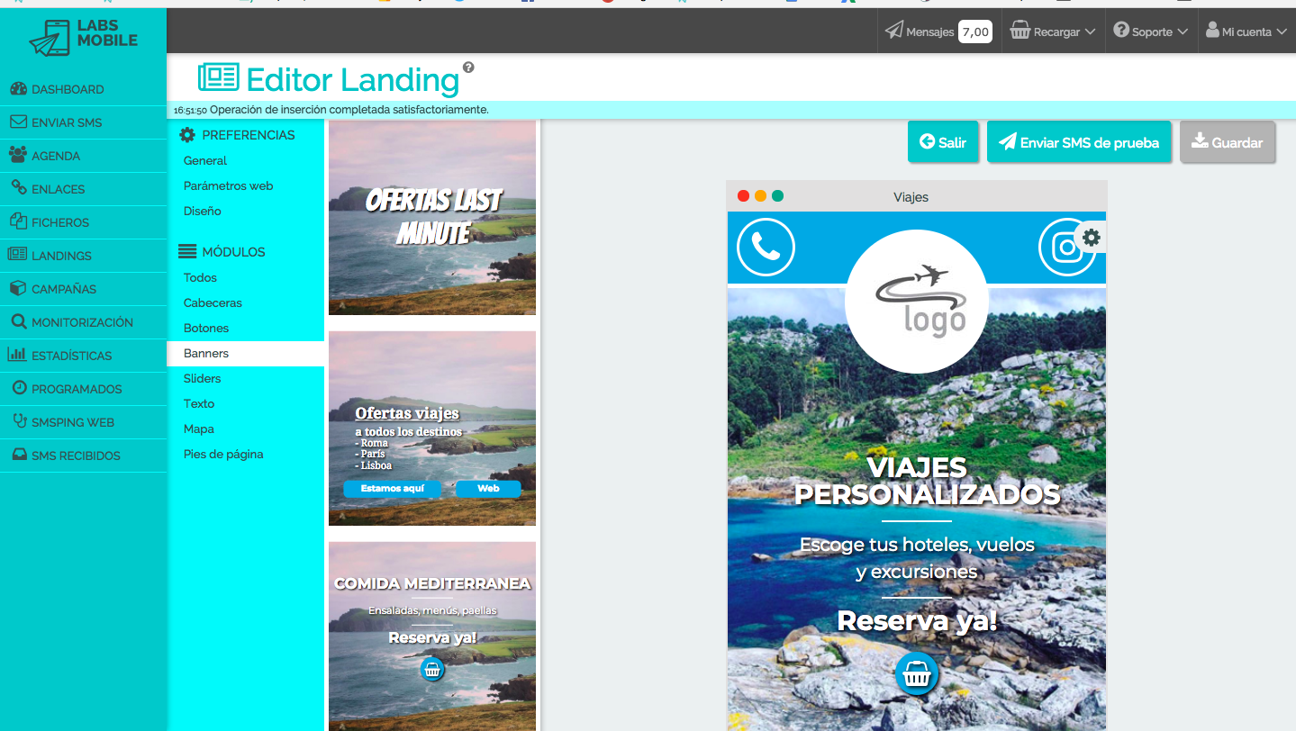 Editor SMS Landings de LabsMobile. Plataforma de envío SMS.