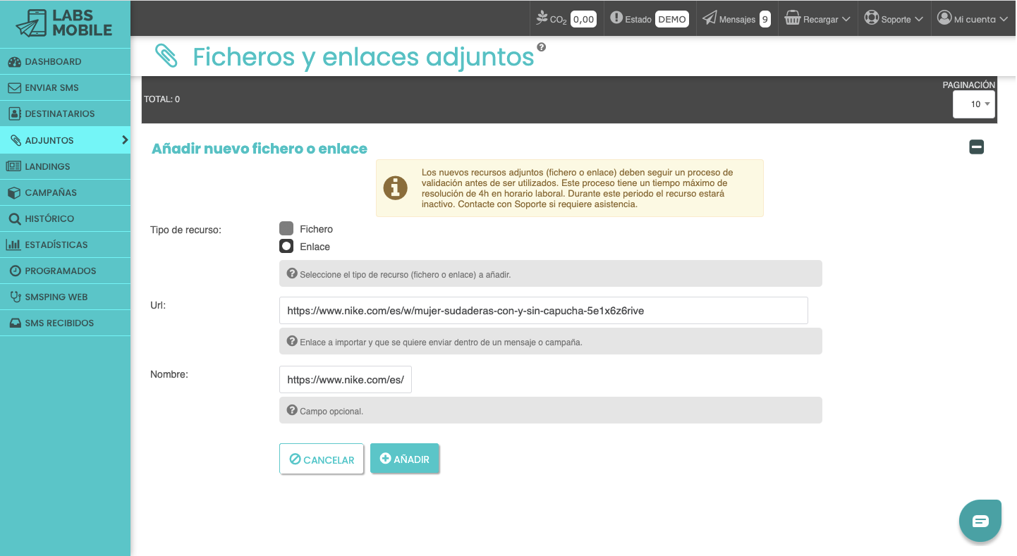 Ficheros adjuntos SMS