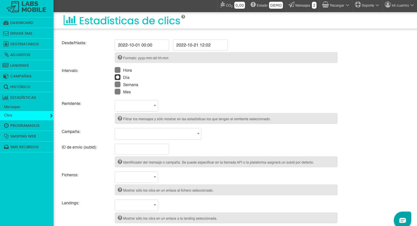 LabsMobile estadísticas de clics